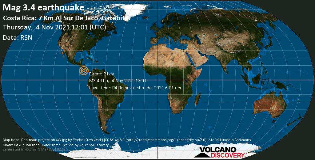 Light mag. 3.4 earthquake - North Pacific Ocean, 74 km southwest of San Jose, San José, Costa Rica, on Thursday, Nov 4, 2021 at 6:01 am (GMT -6)