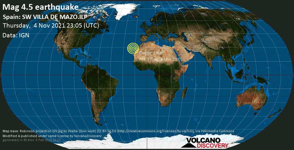 Información del terremoto: Light Mac.  4.5 Terremoto – Isla de La Palma, 16 km al sureste de Los Lanos de Ariden, España, jueves 4 de noviembre de 2021 11:05 PM (GMT +0)