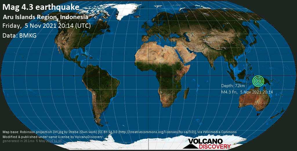 Leichtes Erdbeben der Stärke 4.3 - Aru Sea, 90 km südöstlich von Tual, Maluku, Indonesien, am Samstag,  6. Nov 2021 um 05:14 Lokalzeit