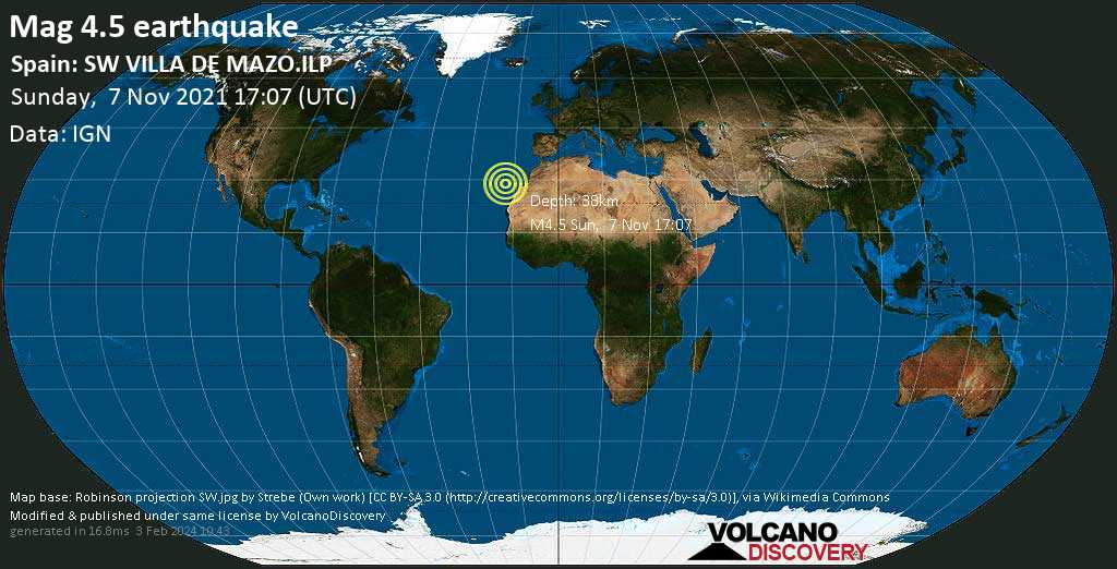 Moderate mag. 4.6 earthquake - La Palma Island, 14 km southeast of Los Llanos de Aridane, Spain, on Sunday, Nov 7, 2021 5:07 pm (GMT +0)