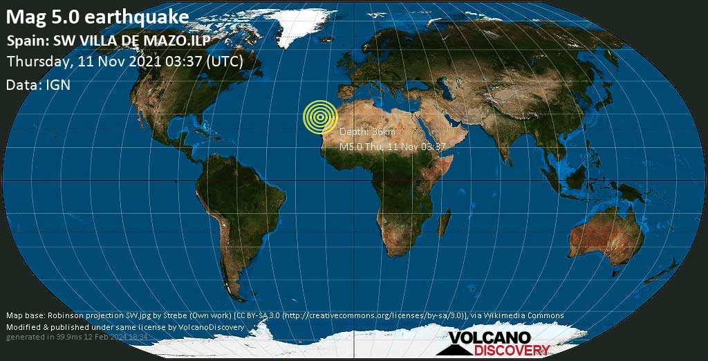 Moderate mag. 5.0 earthquake - La Palma, 12 km southeast of Los Llanos de Aridane, Spain, on Thursday, Nov 11, 2021 3:37 am (GMT +0)