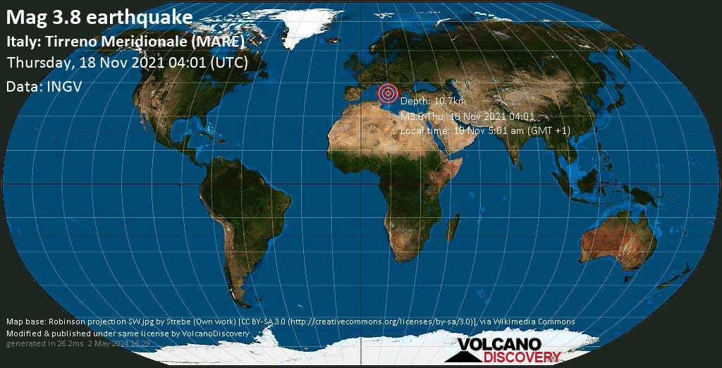Terremoto leve mag. 3.8 - Tyrrhenian Sea, 91 km S of Salerno, Campania, Italy, jueves, 18 nov 2021 05:01 (GMT +1)