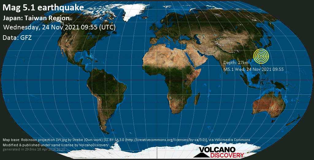 Terremoto moderato mag. 5.1 - Philippine Sea, Giappone, 86 km a est da Hualien City, Taiwan, mercoledì, 24 nov 2021 17:55 (GMT +8)