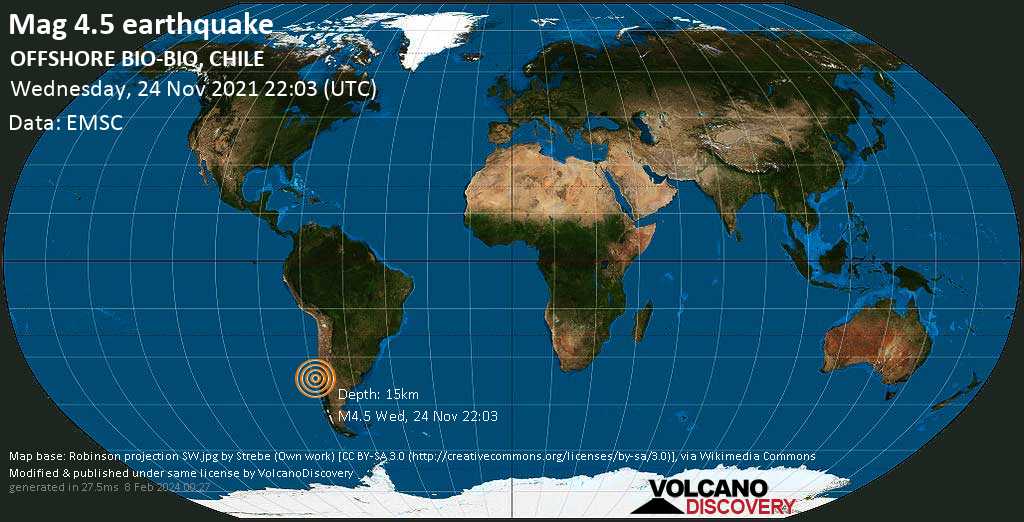 Moderate mag. 4.5 earthquake - South Pacific Ocean, 81 km northwest of Concepcion, Region del Biobio, Chile, on Wednesday, Nov 24, 2021 at 5:03 pm (GMT -5)