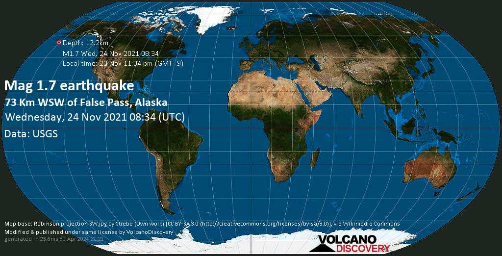 Minor mag. 1.7 earthquake - 73 Km WSW of False Pass, Alaska, on Tuesday, Nov 23, 2021 at 11:34 pm (GMT -9)