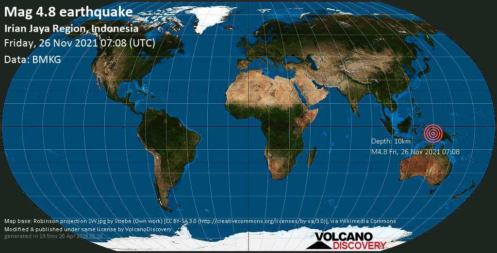 Moderates Erdbeben der Stärke 4.8 - Aru Sea, 198 km südwestlich von Nabire, Papua, Indonesien, am Freitag, 26. Nov 2021 um 16:08 Lokalzeit