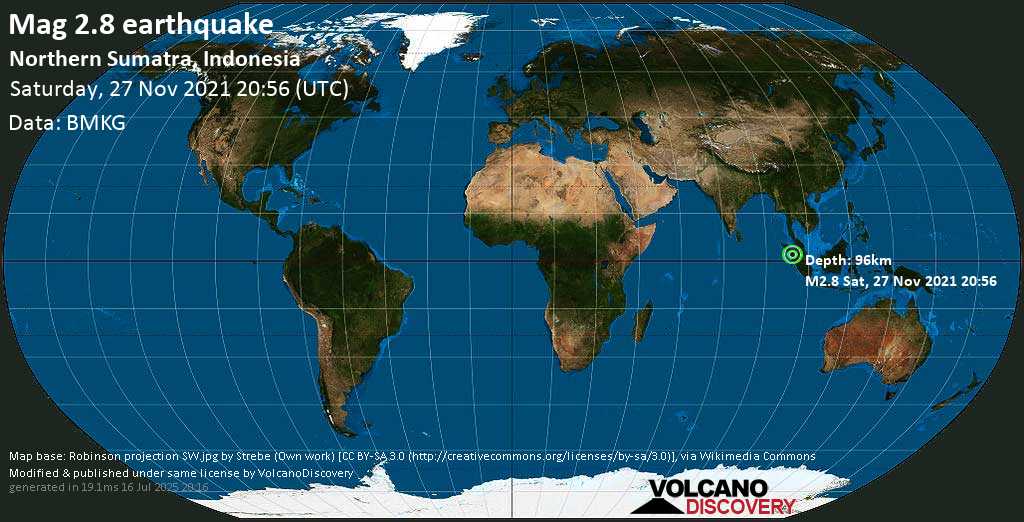 Sismo muy débil mag. 2.8 - 15 km NNE of Sibolga, North Sumatra, Indonesia, domingo, 28 nov 2021 03:56 (GMT +7)