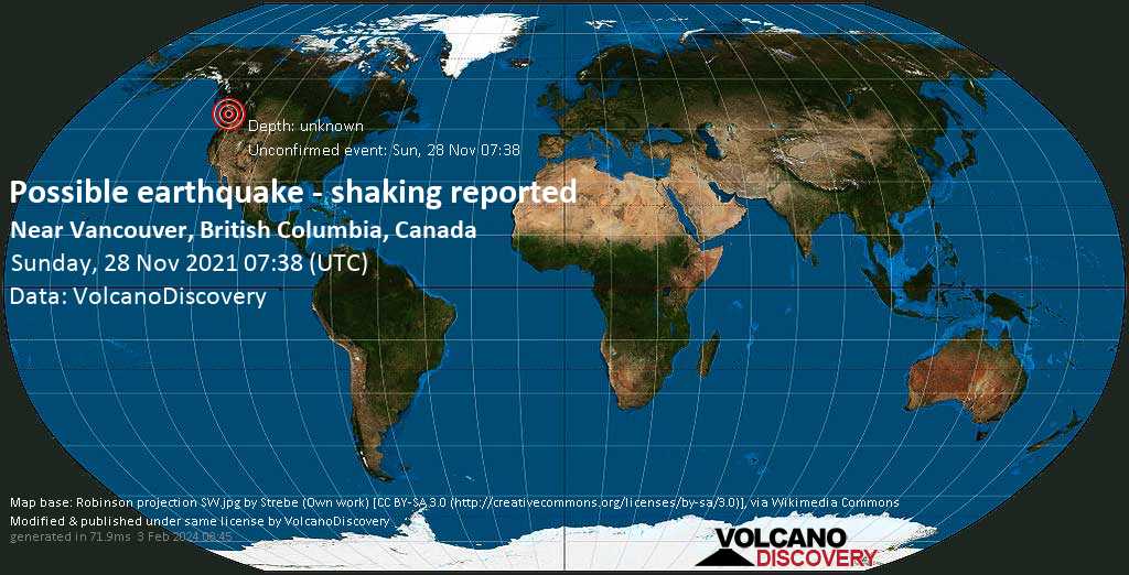 Зарегистрированное землетрясение или сходное с землетрясением событие: 3.6 km к северу от Суррей, Metro Vancouver Regional District, Британская Колумбия, Канада, Суббота, 27 ноя 2021 23:38 (GMT -8)