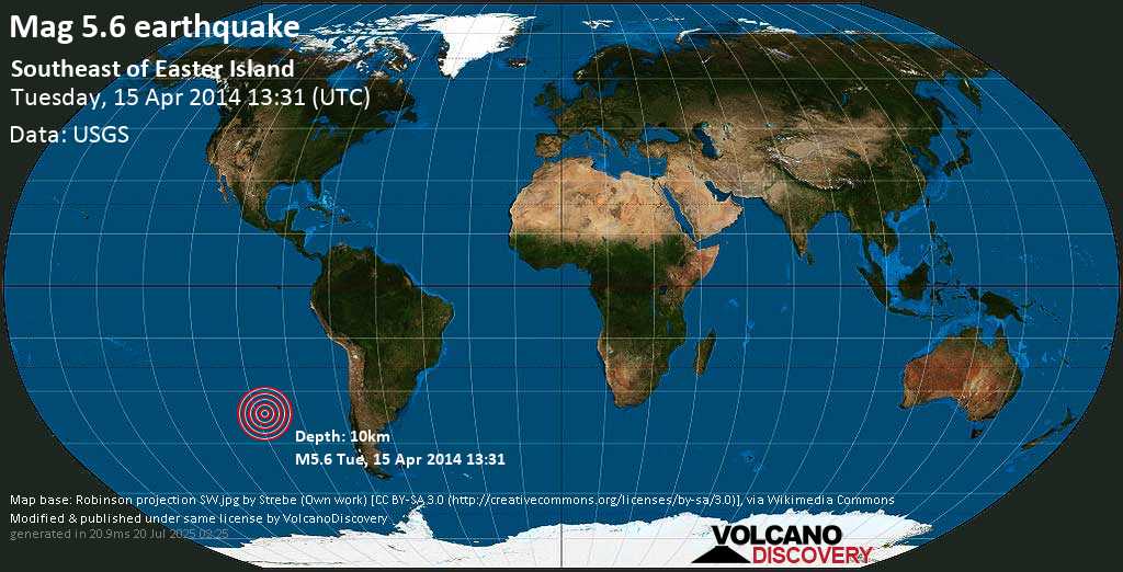 Moderate mag. 5.6 earthquake - Southeast of Easter Island on Tuesday, 15 April 2014