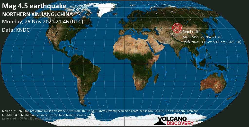 Умеренное землетрясение маг. 4.5 - 19 km к югу от Baijiantan, Xinjiang, Китай, Вторник, 30 ноя 2021 05:46 (GMT +8)