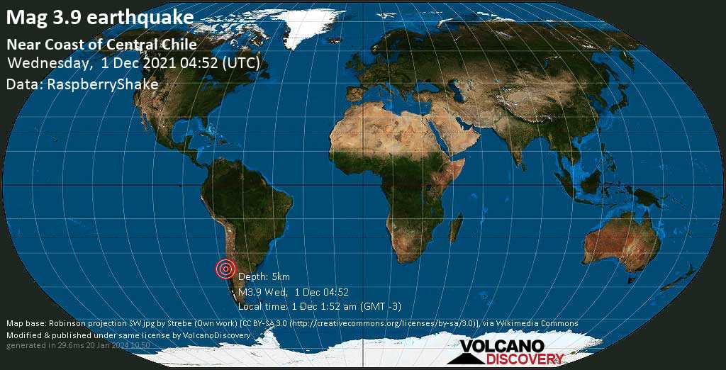 Moderate mag. 3.9 earthquake - 23 km east of Concepcion, Region del Biobio, Chile, on Wednesday, Dec 1, 2021 at 1:52 am (GMT -3)