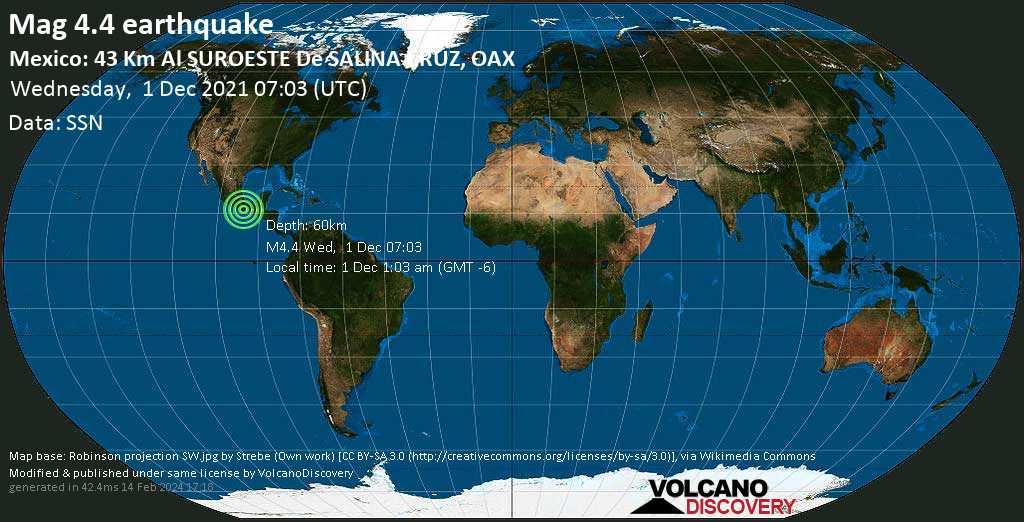 Слабое землетрясение маг. 4.4 - 43 km к западу от Салина-Крус, Мексика, Среда,  1 дек 2021 01:03 (GMT -6)