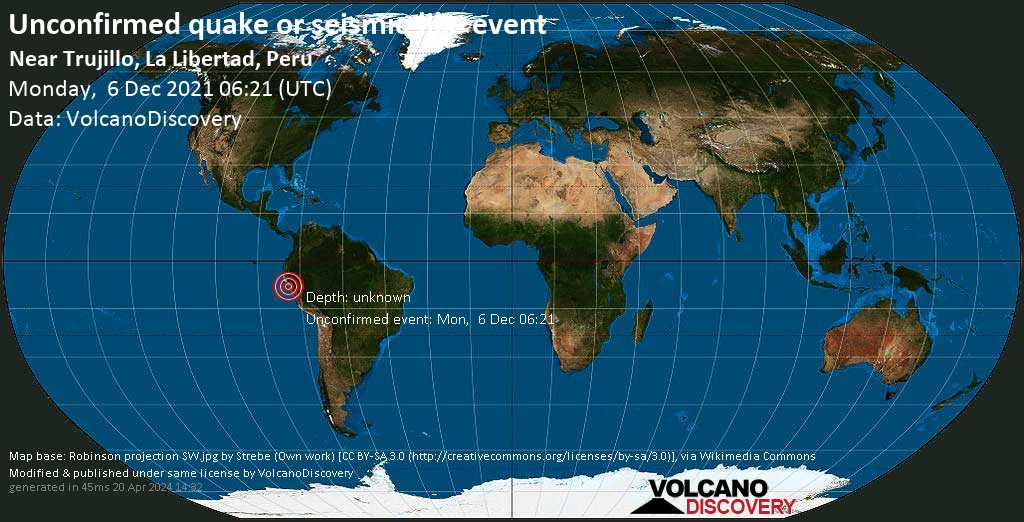Sismo o evento simile a un terremoto segnalato: 24 km a nord da Trujillo, Regione di La Libertad, Perù, lunedì,  6 dic 2021 01:21 (GMT -5)