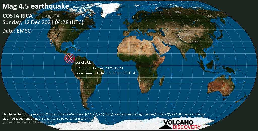 Mod moderado.  Terremoto 4.5 - Océano Pacífico Norte, 24 km al suroeste de Golfito, Costa Rica, el sábado 11 de diciembre de 2021 a las 10:28 p.m. (GMT -6)