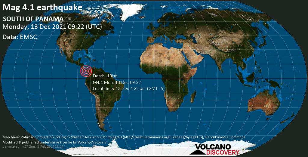Умеренное землетрясение маг. 4.1 - North Pacific Ocean, 171 km к югу от Панама, Панама, Понедельник, 13 дек 2021 04:22 (GMT -5)
