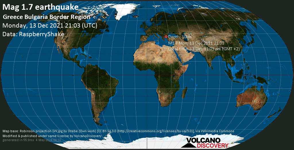 Sismo muy débil mag. 1.7 - Bulgaria, 23 km NNE of Komotini, Rhodope, East Macedonia and Thrace, Greece, lunes, 13 dic 2021 23:03 (GMT +2)