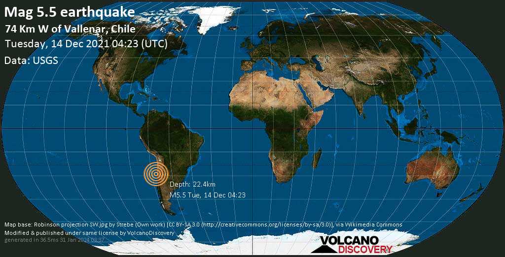 Strong mag. 5.5 earthquake - South Pacific Ocean, 75 km west of Vallenar, Huasco, Atacama, Chile, on Monday, Dec 13, 2021 at 11:23 pm (GMT -5)