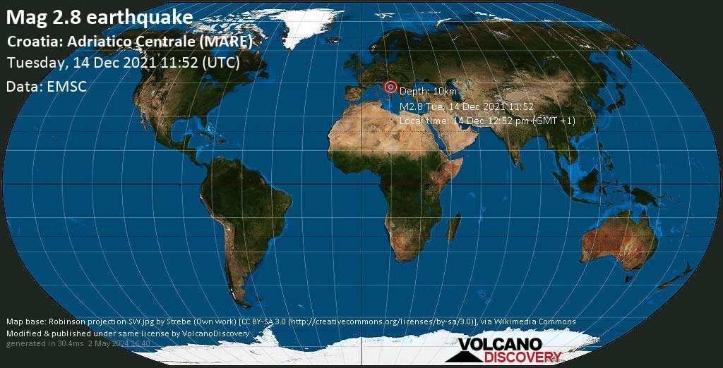Weak mag. 2.8 earthquake - Adriatic Sea, 99 km southwest of Split, Croatia, on Tuesday, Dec 14, 2021 at 12:52 pm (GMT +1)