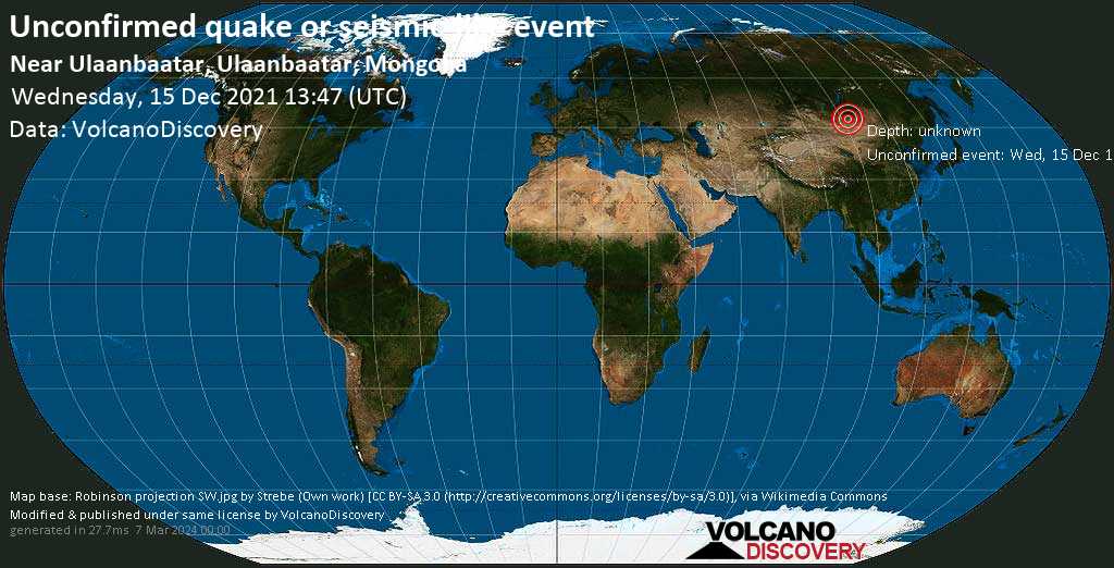 Sismo no confirmado o evento similar a un terremoto: 85 km al suroeste de Зуунмод, Central, Mongolia, miércoles, 15 dic 2021 21:47 (GMT +8)