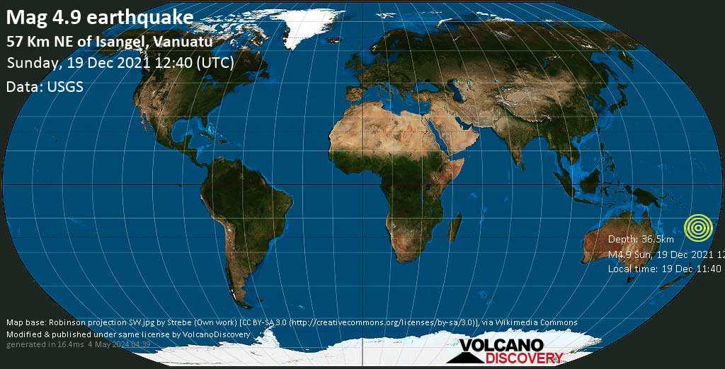 Moderate mag. 4.9 earthquake - Coral Sea, 58 km northeast of Isangel, Tafea Province, Vanuatu, on Sunday, Dec 19, 2021 at 11:40 pm (GMT +11)