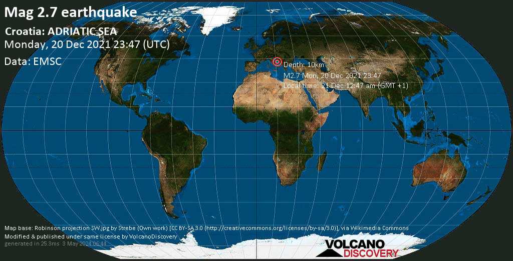 Слабое землетрясение маг. 2.7 - Адриатическое море, 88 km к югу от Сплит, Хорватия, Вторник, 21 дек 2021 00:47 (GMT +1)