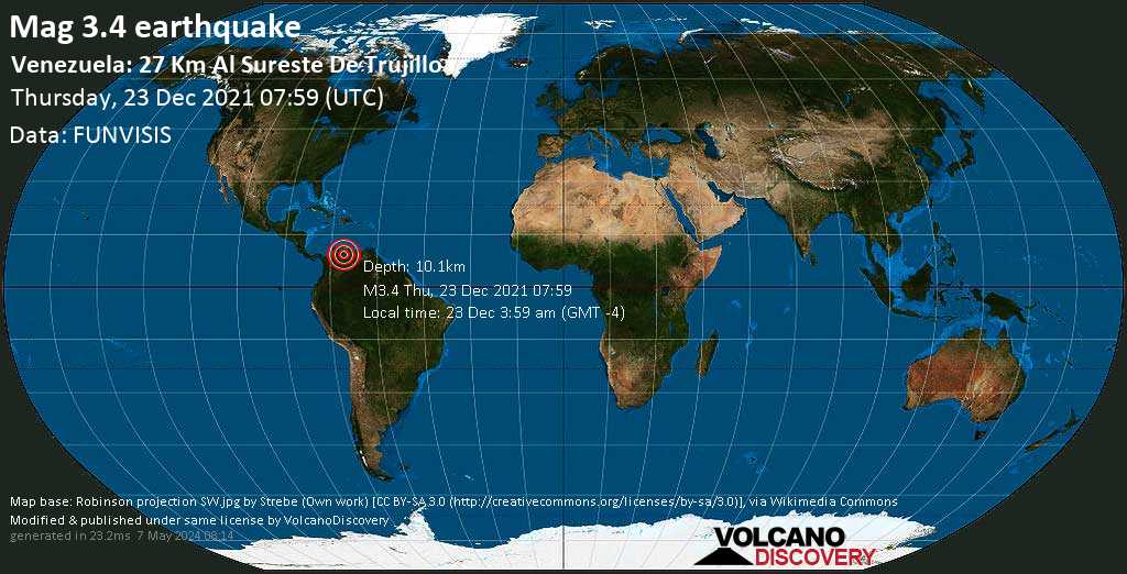 Séisme faible mag. 3.4 - 27 km au sud-est de Trujillo, Venezuela, jeudi, 23 déc. 2021 03:59 (GMT -4)