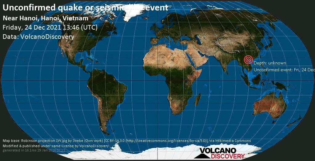 Unconfirmed earthquake or seismic-like event: 2.8 km southwest of Ha Noi, Hanoi, Vietnam, Friday, Dec 24, 2021 at 8:46 pm (GMT +7)