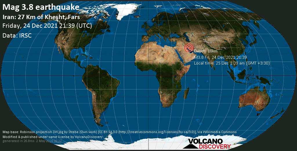 Séisme faible mag. 3.8 - 49 km à l\'ouest de Kāzerūn, Fars, Iran, samedi, 25 déc. 2021 01:09 (GMT +3:30)