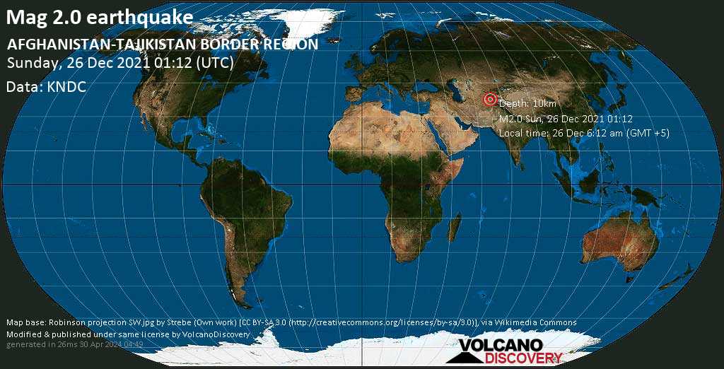 Séisme mineur mag. 2.0 - 22 km au sud de Moskovskiy, Rumi, Khatlon, Tadjikistan, dimanche, 26 déc. 2021 06:12 (GMT +5)