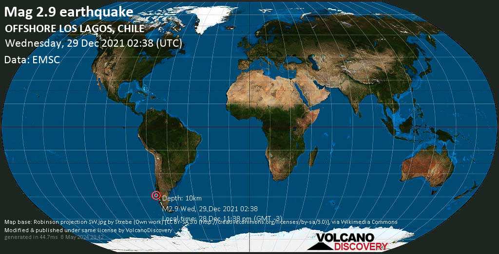 Sismo debile mag. 2.9 - South Pacific Ocean, 86 km a sud ovest da Quellon, Chiloe, Los Lagos, Cile, martedì, 28 dic 2021 23:38 (GMT -3)