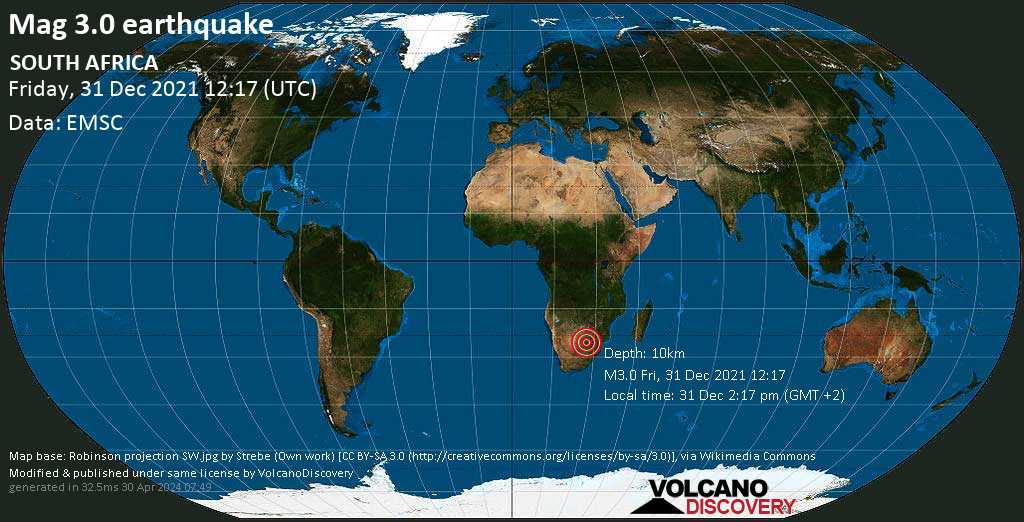 Leichtes Erdbeben der Stärke 3.0 - North West, 143 km nordwestlich von Pretoria, Südafrika, am Freitag, 31. Dez 2021 um 14:17 Lokalzeit