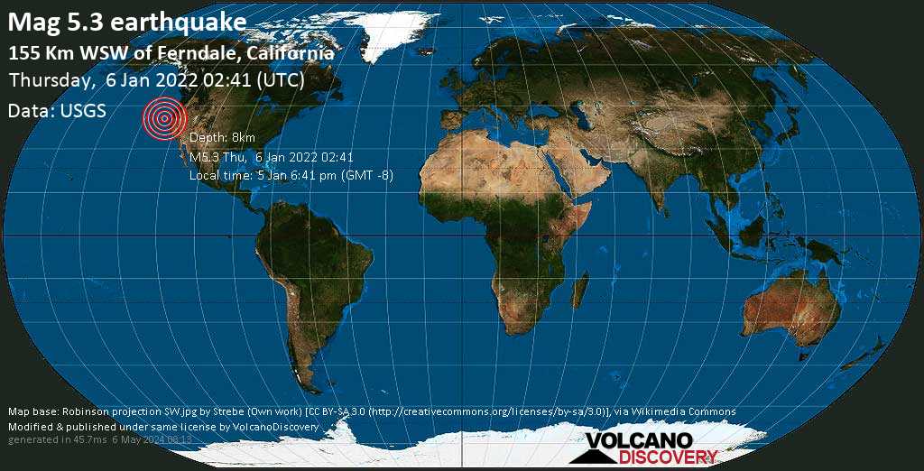 Strong mag. 5.3 earthquake - North Pacific Ocean, California, USA, on Wednesday, Jan 5, 2022 at 6:41 pm (GMT -8)
