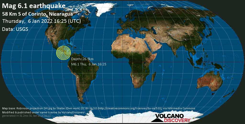 Very strong mag. 6.1 earthquake - North Pacific Ocean, 99 km west of Managua, Nicaragua, on Thursday, Jan 6, 2022 at 10:25 am (GMT -6)