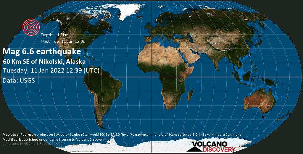 Tremblement de terre majeur magnitude 6.6 - Océan Pacifique Nord, Alaska, États-Unis, mardi, 11 janv. 2022 01:39 (GMT -11)