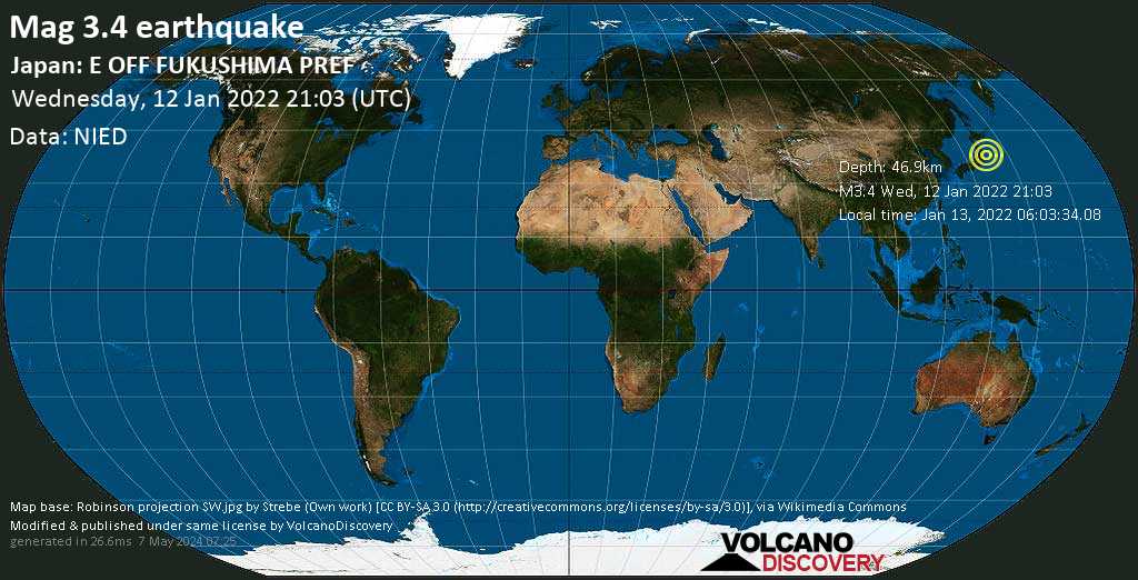 Слабое землетрясение маг. 3.4 - North Pacific Ocean, 267 km к северо-востоку от Токио, Япония, Четверг, 13 янв 2022 06:03 (GMT +9)