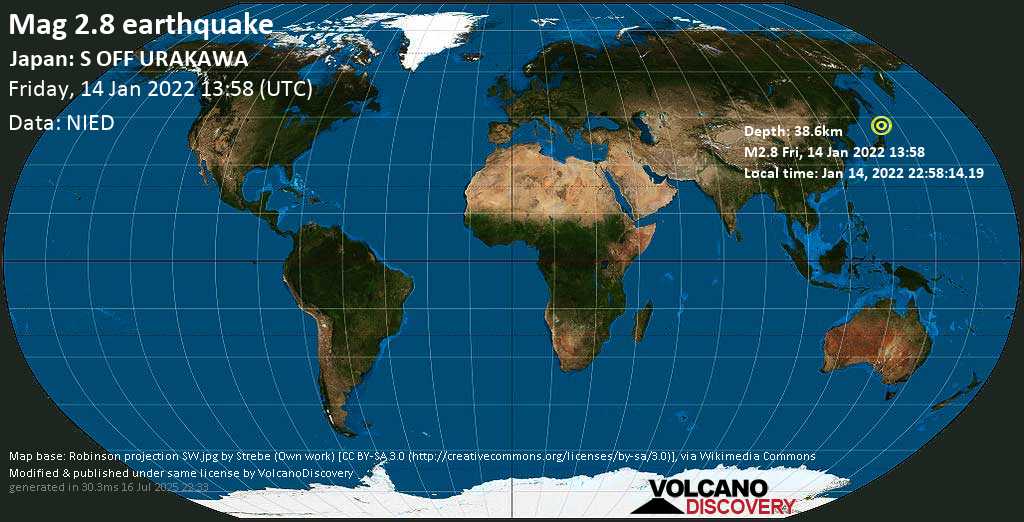 Незначительное землетрясение маг. 2.8 - North Pacific Ocean, Япония, Пятница, 14 янв 2022 22:58 (GMT +9)