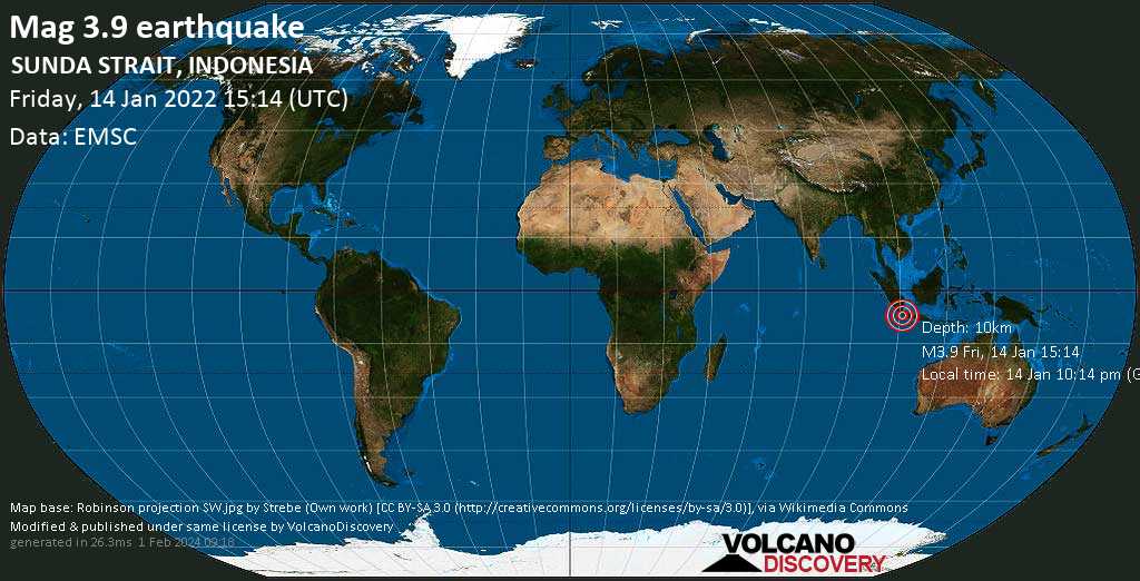 Terremoto moderato mag. 3.9 - Indian Ocean, 197 km a sud ovest da Giacarta, Jakarta, Indonesia, venerdì, 14 gen 2022 22:14 (GMT +7)