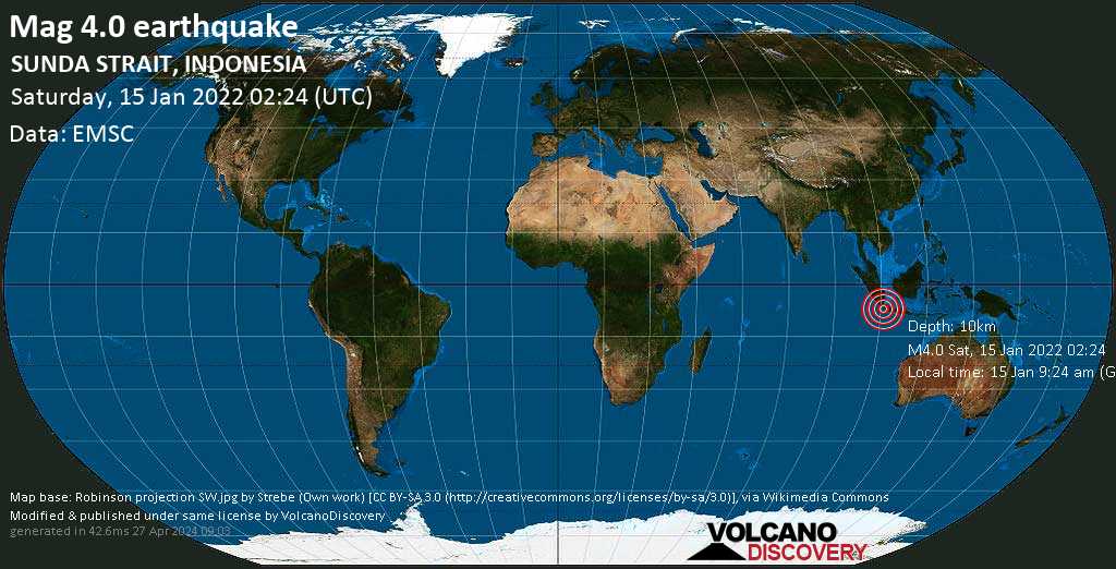 Terremoto moderado mag. 4.0 - Indian Ocean, 193 km WSW of Jakarta, Indonesia, sábado, 15 ene 2022 09:24 (GMT +7)
