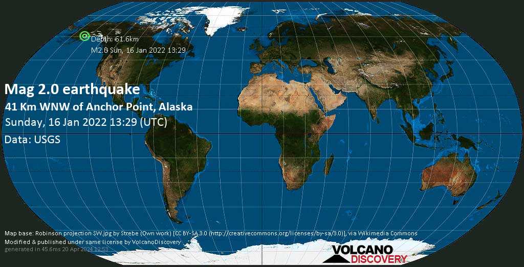 Minor mag. 2.0 earthquake - 41 Km WNW of Anchor Point, Alaska, on Sunday, Jan 16, 2022 at 4:29 am (GMT -9)