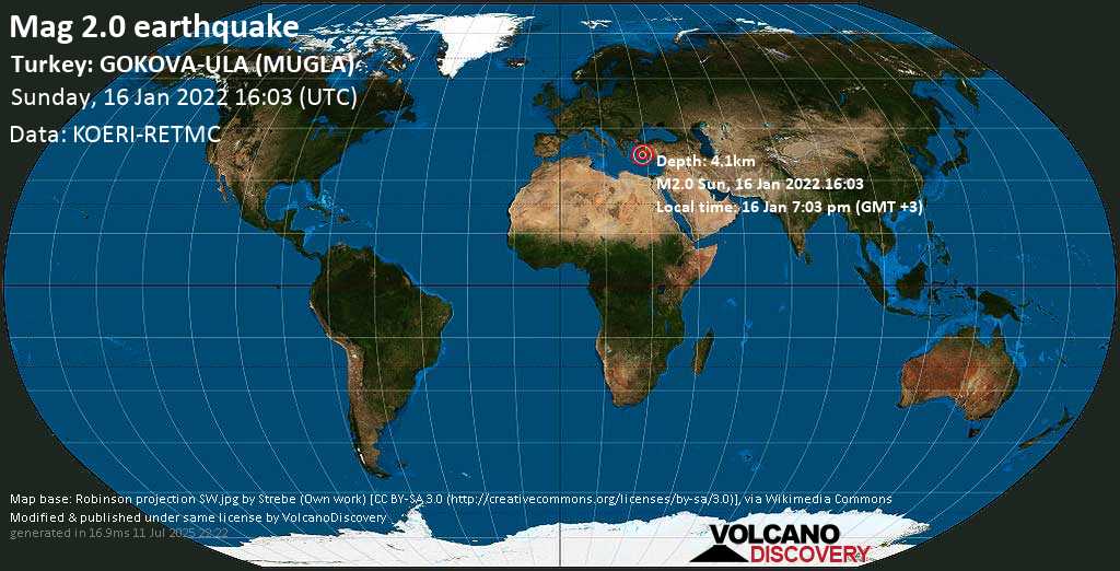 Weak mag. 2.0 earthquake - Turkey: GOKOVA-ULA (MUGLA) on Sunday, Jan 16, 2022 at 7:03 pm (GMT +3)