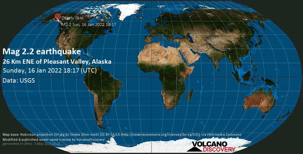 Weak mag. 2.2 earthquake - 26 Km ENE of Pleasant Valley, Alaska, on Sunday, Jan 16, 2022 at 9:17 am (GMT -9)