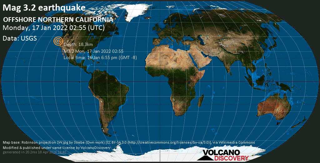Weak mag. 3.2 earthquake - North Pacific Ocean, California, USA, on Sunday, Jan 16, 2022 at 6:55 pm (GMT -8)