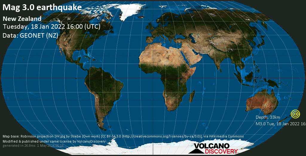 Weak mag. 3.0 earthquake - South Pacific Ocean, New Zealand, on Wednesday, Jan 19, 2022 at 4:00 am (GMT +12)
