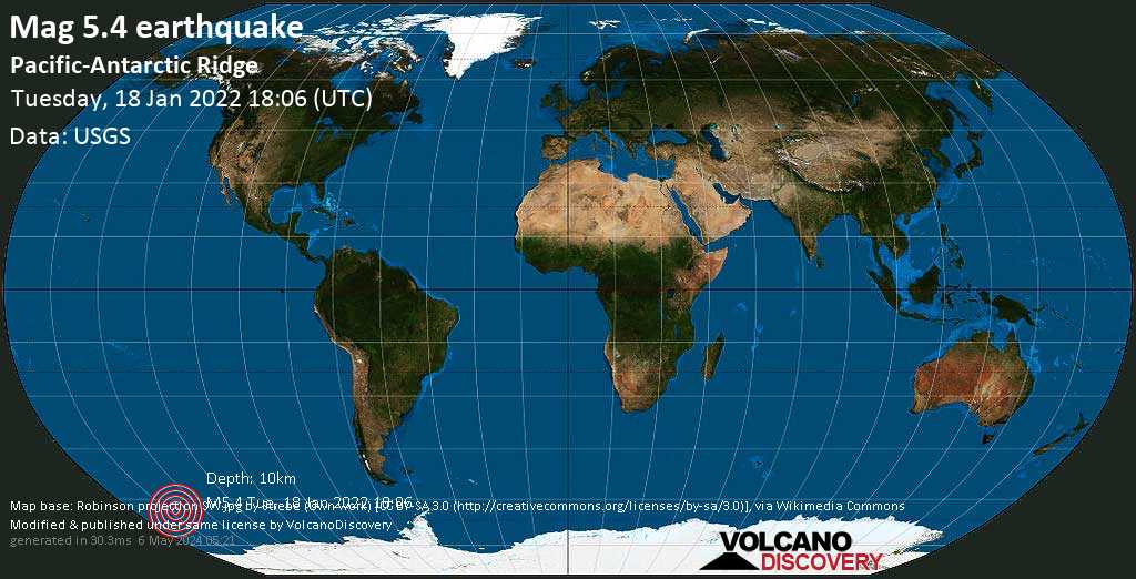 Strong mag. 5.4 earthquake - South Pacific Ocean on Tuesday, Jan 18, 2022 at 7:06 am (GMT -11)