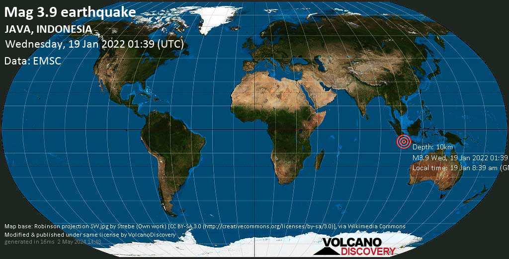 Moderate mag. 3.9 earthquake - Indian Ocean, 174 km southwest of Jakarta, Indonesia, on Wednesday, Jan 19, 2022 at 8:39 am (GMT +7)