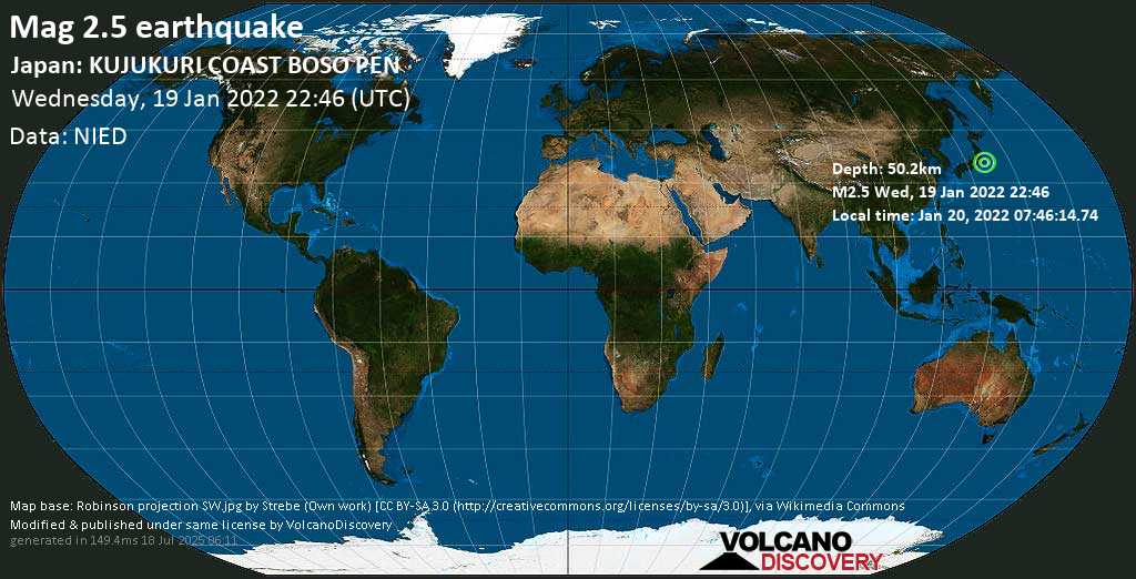 Minor mag. 2.5 earthquake - North Pacific Ocean, 76 km east of Tokyo, Japan, on Thursday, Jan 20, 2022 at 7:46 am (GMT +9)