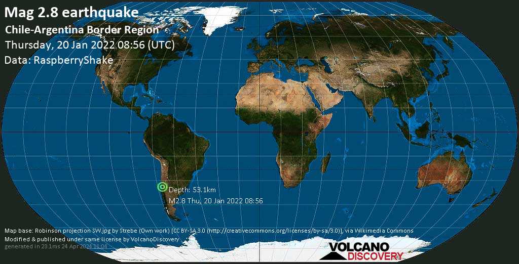 Minor mag. 2.8 earthquake - 33 km southwest of Santiago de Chile, Provincia de Santiago, Chile, on Thursday, Jan 20, 2022 at 5:56 am (GMT -3)