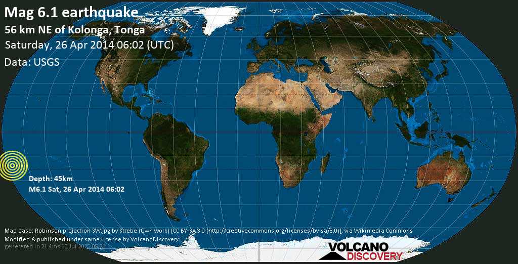 Strong mag. 6.2 earthquake - 67km NE of Nuku`alofa, Tonga on Saturday, 26 April 2014