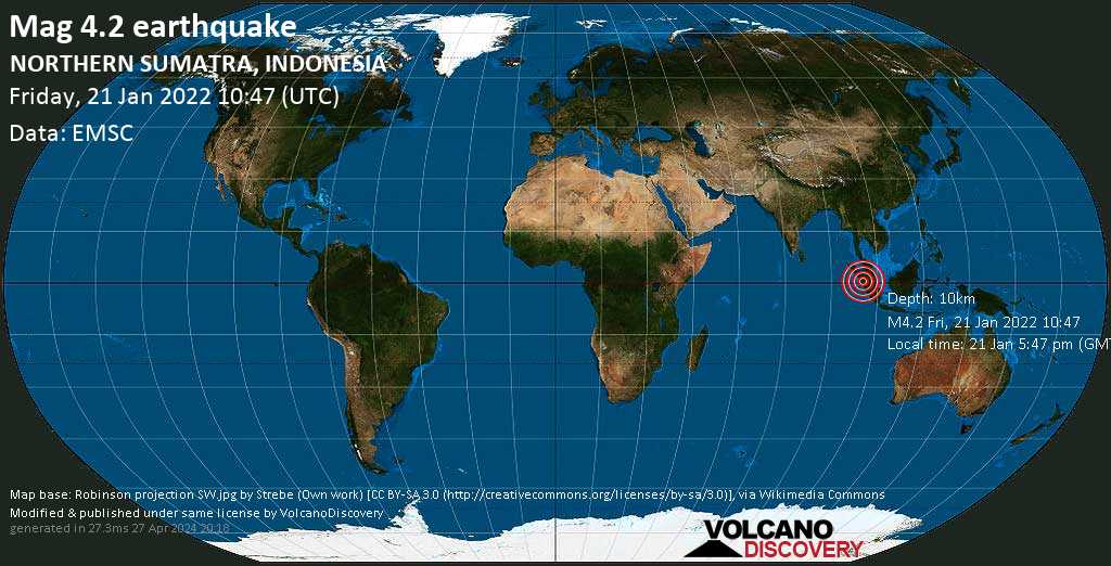 Moderate mag. 4.2 earthquake - NORTHERN SUMATRA, INDONESIA, on Friday, Jan 21, 2022 at 5:47 pm (GMT +7)
