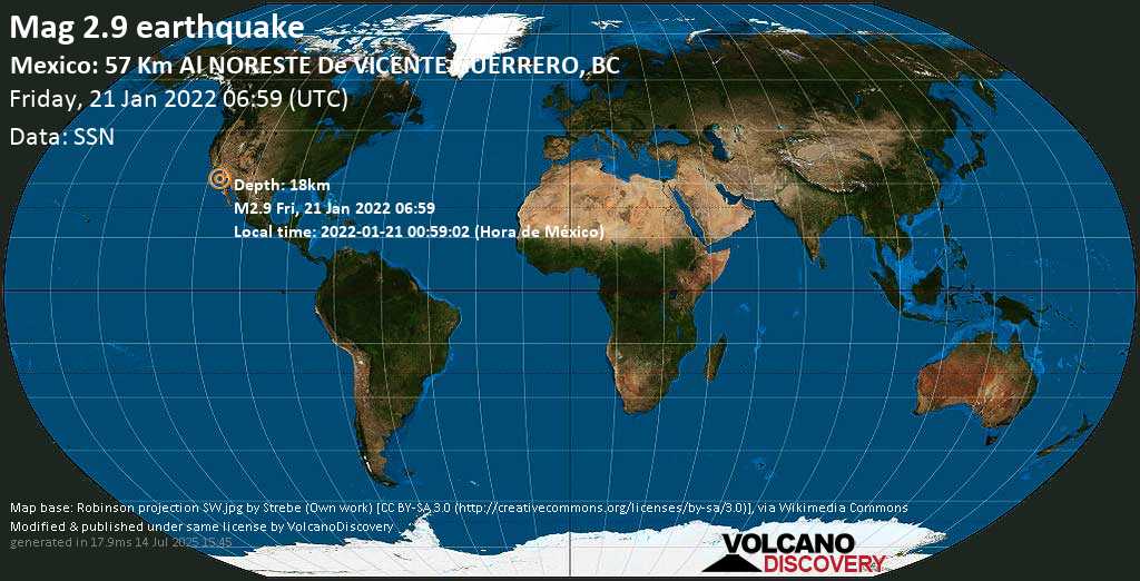 Weak mag. 2.9 earthquake - Mexico: 57 Km Al NORESTE De VICENTE GUERRERO, BC, on Thursday, Jan 20, 2022 at 10:59 pm (GMT -8)